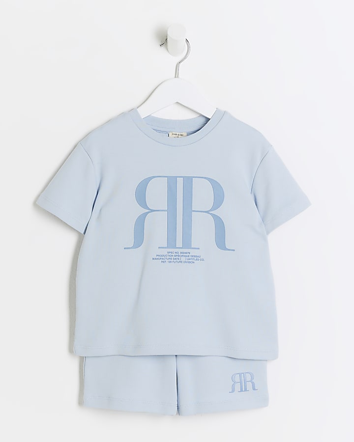 Mini boys blue embossed graphic t-shirt set