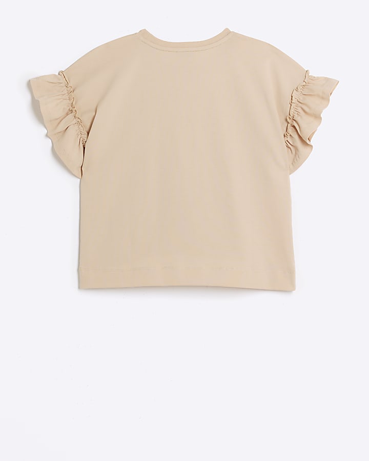 Girls beige bow graphic print t-shirt