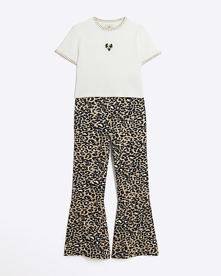 Girls beige leopard t-shirt and trousers