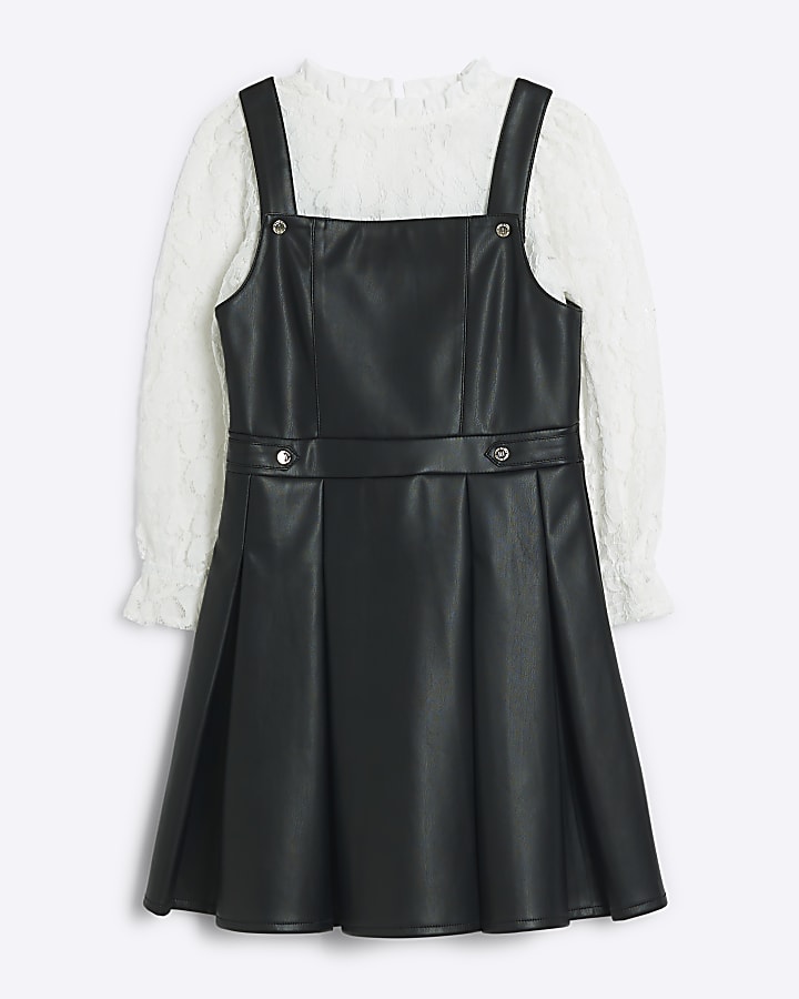 Girls Black Faux Leather Pinny Dress Set