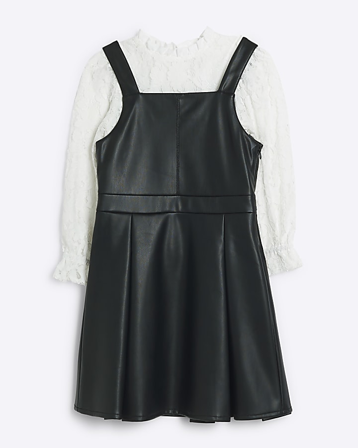 Girls Black Faux Leather Pinny Dress Set