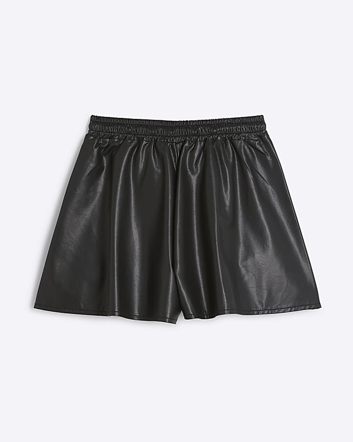 Girls black faux leather elasticated shorts