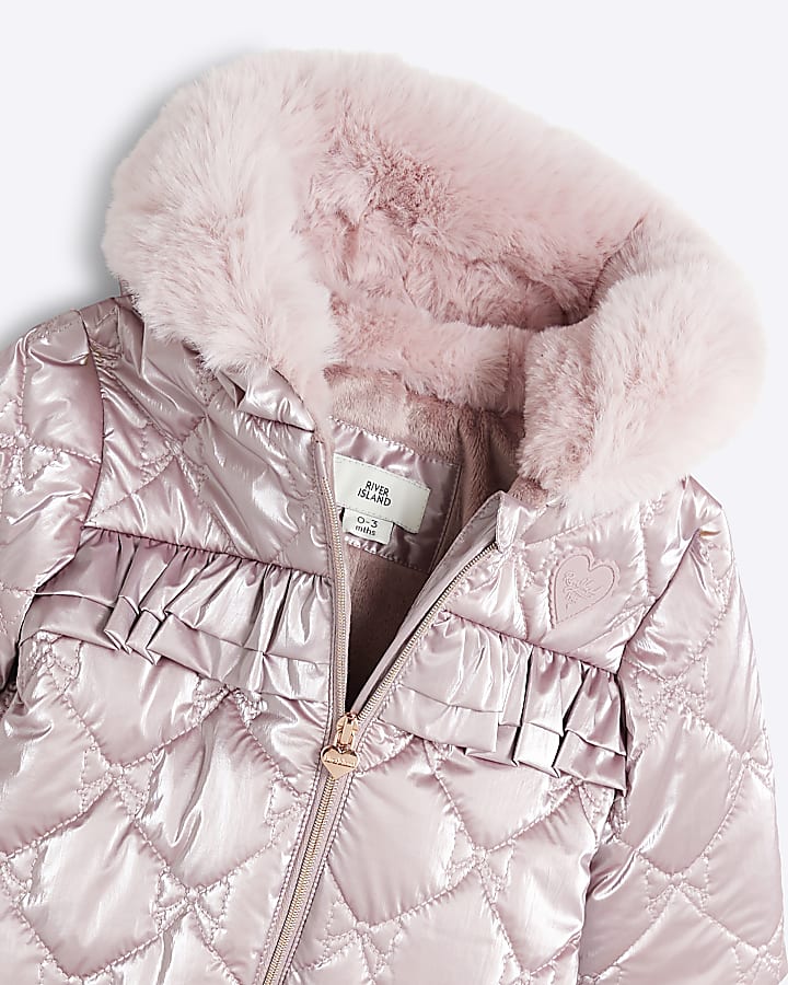 Baby Girls Pink Quilted Hooded Bow Snowsuit