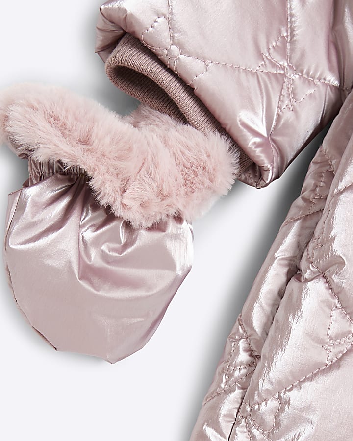 Baby Girls Pink Quilted Hooded Bow Snowsuit