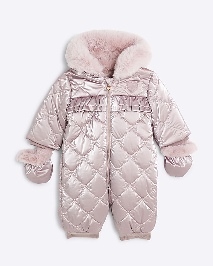 Baby Girls Pink Quilted Hooded Bow Snowsuit River Island