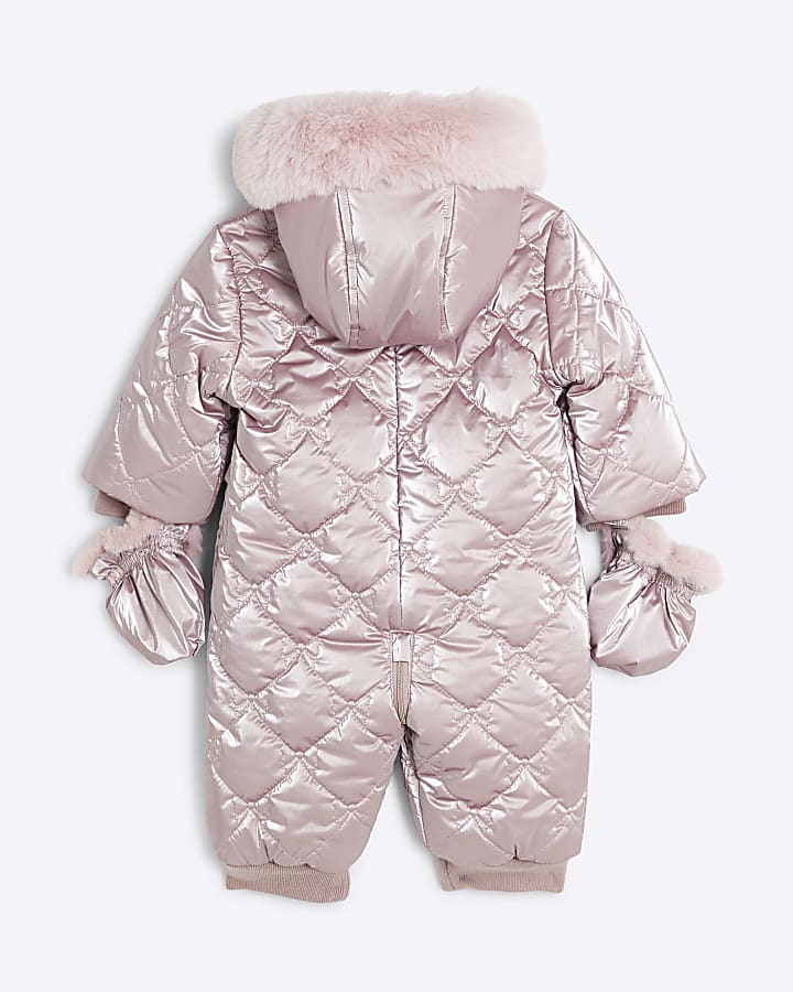 Baby Girls Pink Quilted Hooded Bow Snowsuit