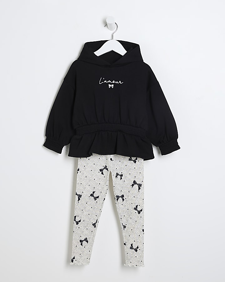 Mini girls black bow hoodie and leggings set