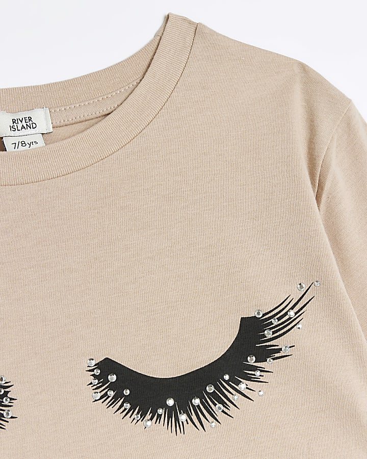 Girls beige embellished eyelash t-shirt