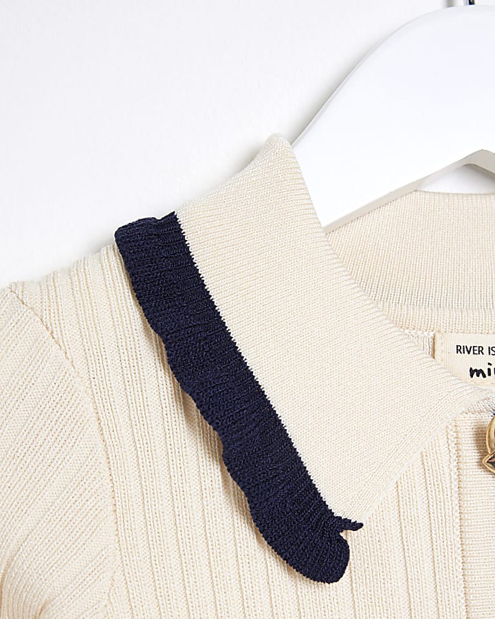 Mini girls cream ribbed polo dress