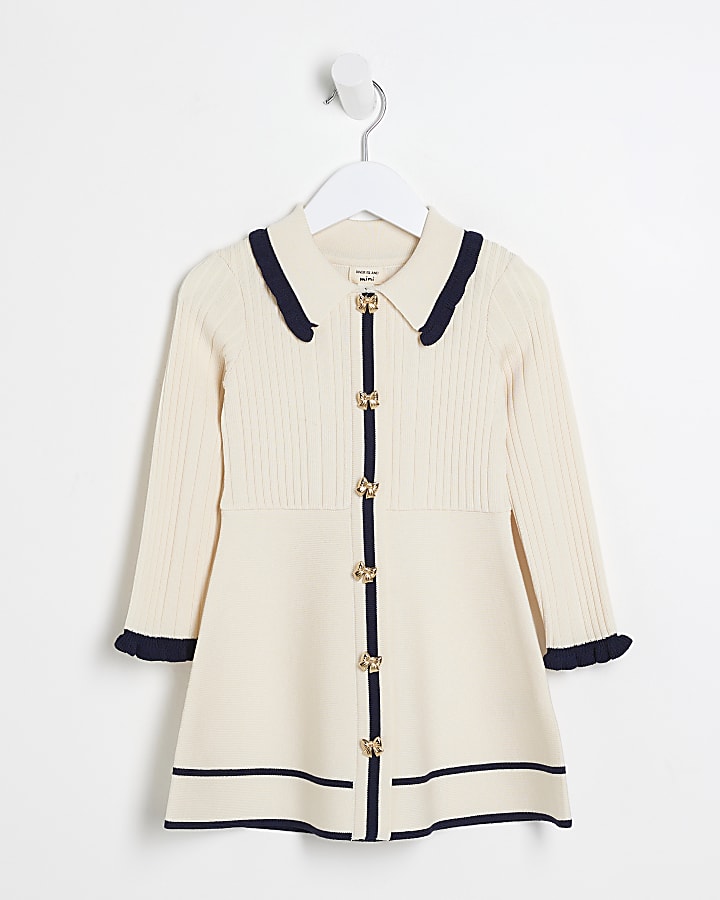 Mini girls cream ribbed polo dress