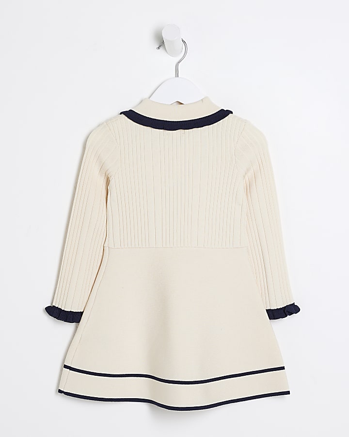 Mini girls cream ribbed polo dress