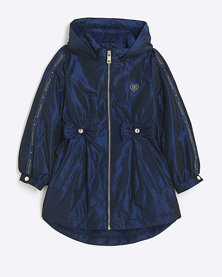 Girls navy elasticated waist hooded rain coat River Island