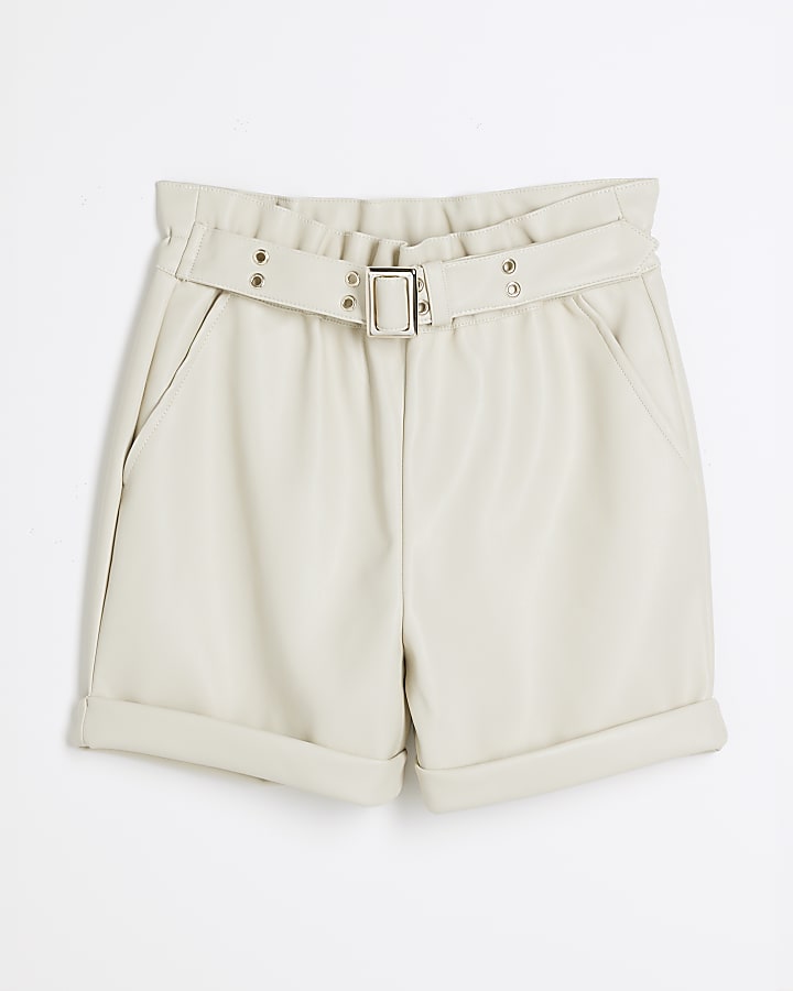 Girls cream faux leather belted shorts River Island