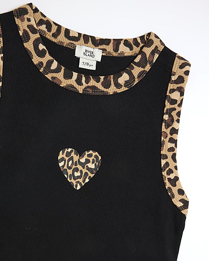 Girls Black Leopard Print Vest and shorts set