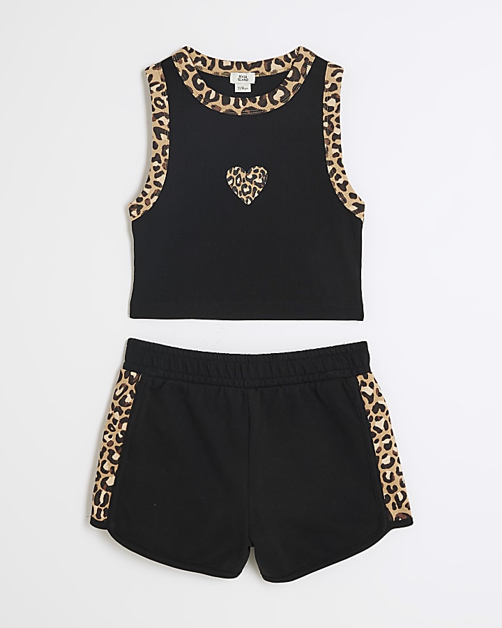 Girls Black Leopard Print Vest and shorts set