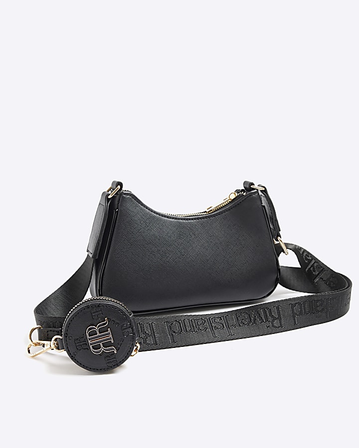 Girls black embossed monogram cross body bag