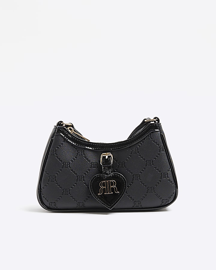 Girls black embossed monogram cross body bag River Island