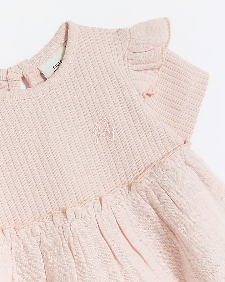 Baby girls pink ribbed peplum top set