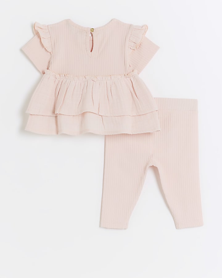 Baby girls pink ribbed peplum top set