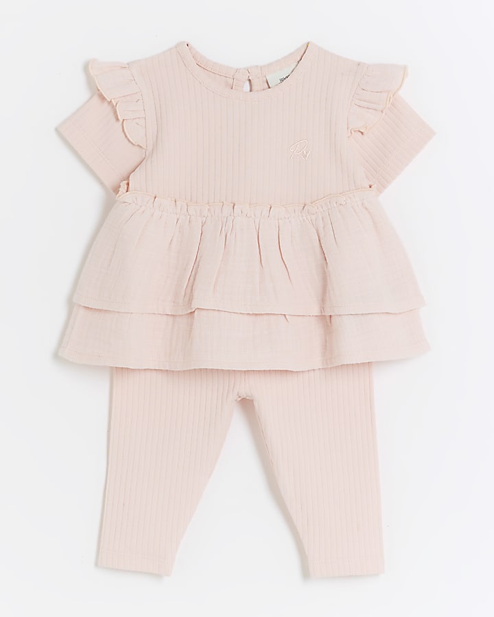 Baby girls pink ribbed peplum top set