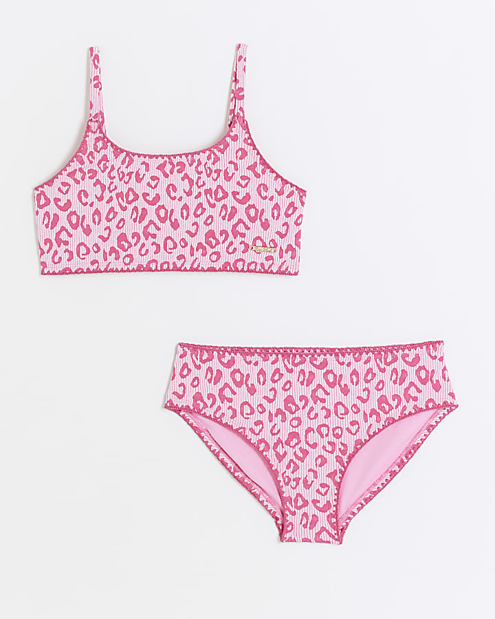 Girls pink textured leopard print bikini set