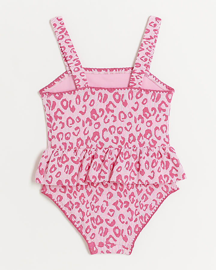 Mini girls pink leopard print frill swimsuit