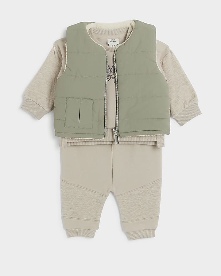 Baby boys khaki padded gilet 3 piece set