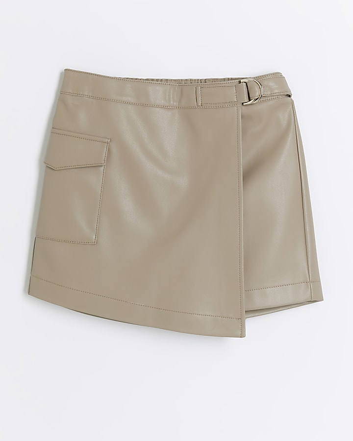 Girls Cream faux leather skort