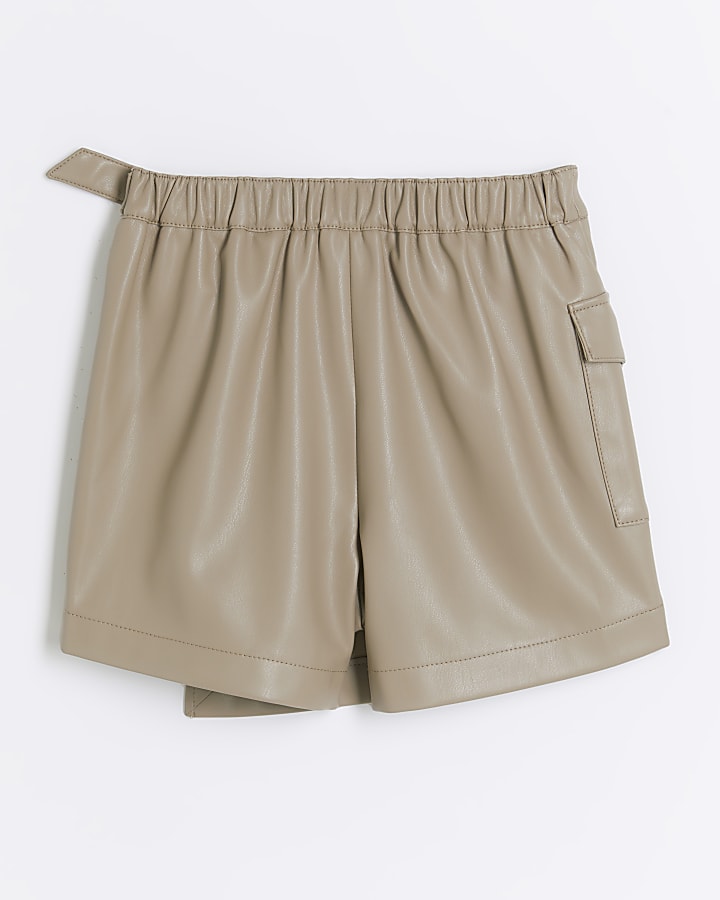 Girls Cream faux leather skort