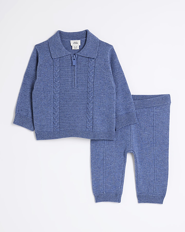 Baby boys navy cable knit polo set