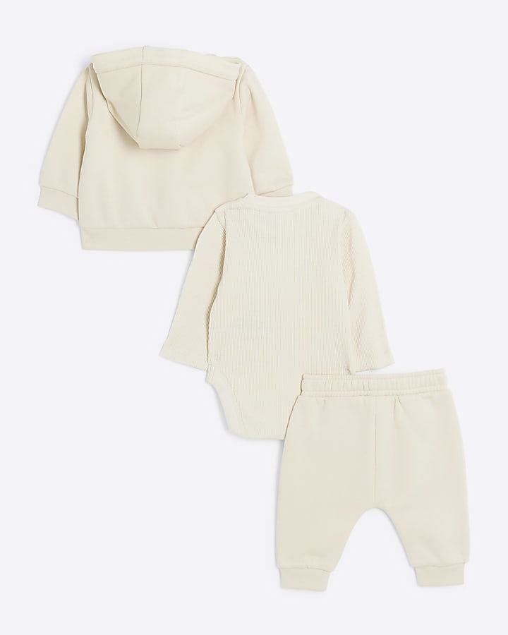 Baby boys beige zip up hoodie 3 piece set