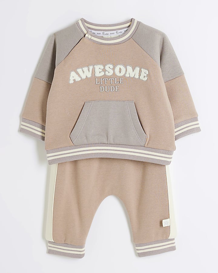 Baby boys beige Colour Block Sweatshirt Set