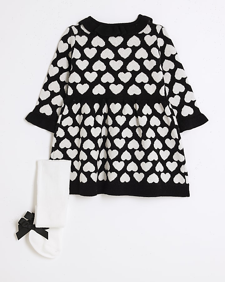 Baby girls black knit heart dress set