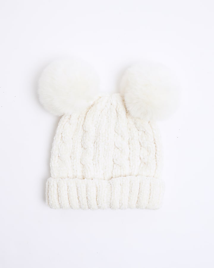 Baby girls cream double pom pom beanie