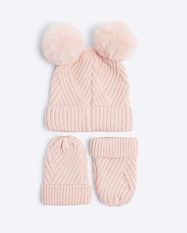 Baby girls pink beanie and mittens set