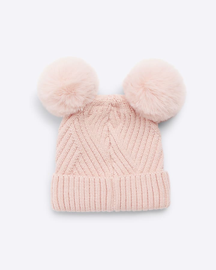 Baby girls pink double pom pom beanie hat