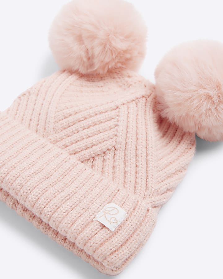 Baby girls pink double pom pom beanie hat