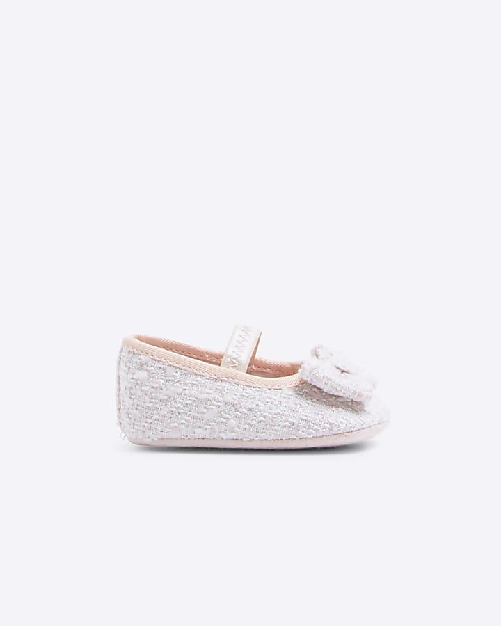 Baby girls pink bow boucle ballet pumps