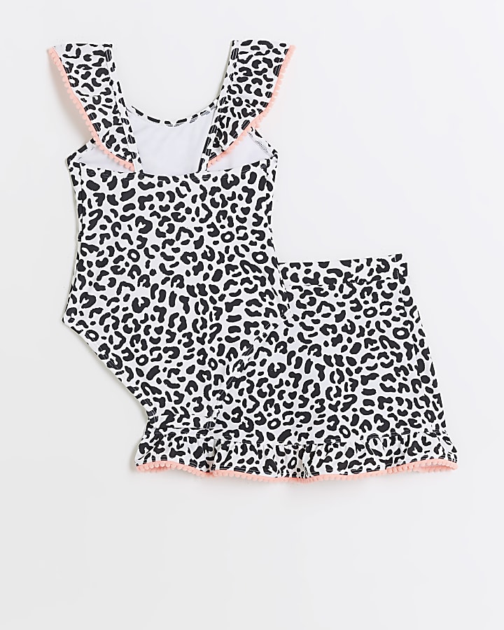 Mini girls beige leopard print swimsuit set