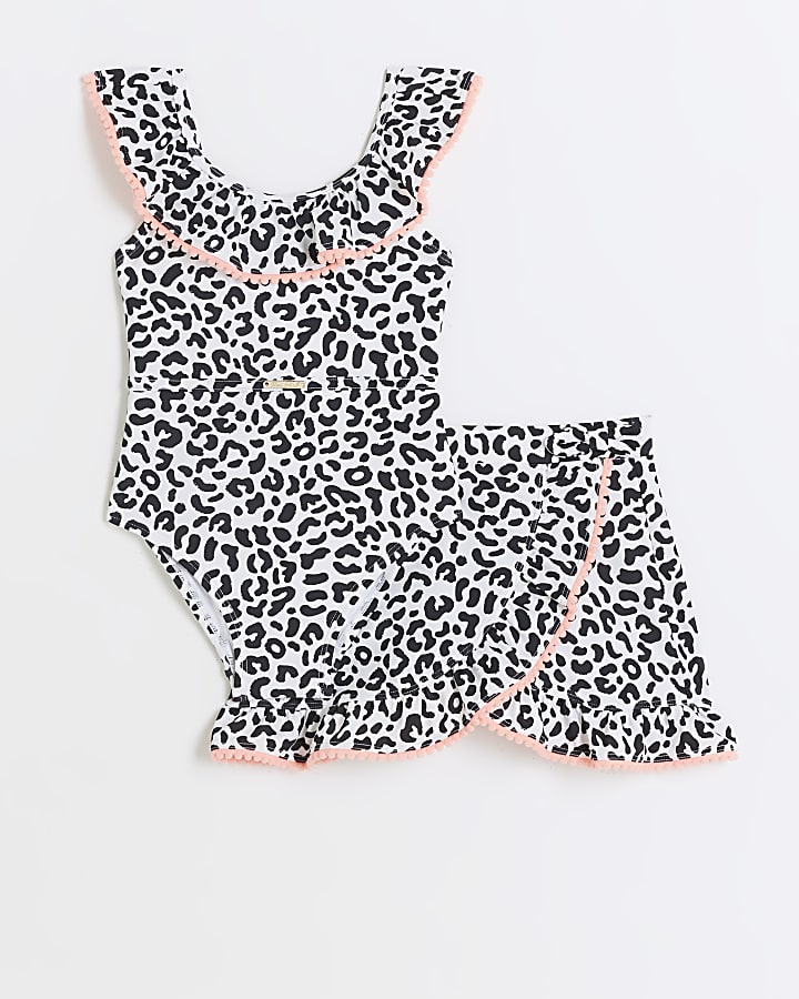 Mini girls beige leopard print swimsuit set