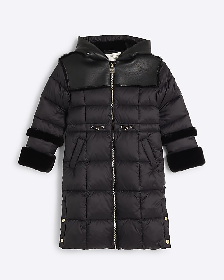 Girls Black Faux Fur Trim Puffer Jacket