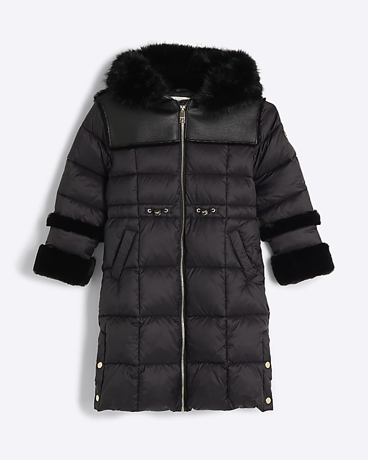 Girls Black Faux Fur Trim Puffer Jacket