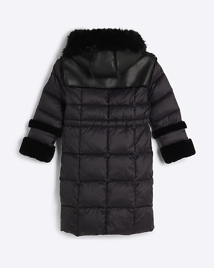 Girls Black Faux Fur Trim Puffer Jacket