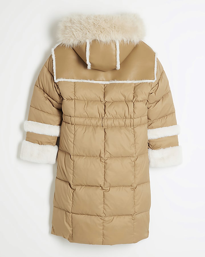 Girls Beige Faux Fur Trim Puffer Jacket