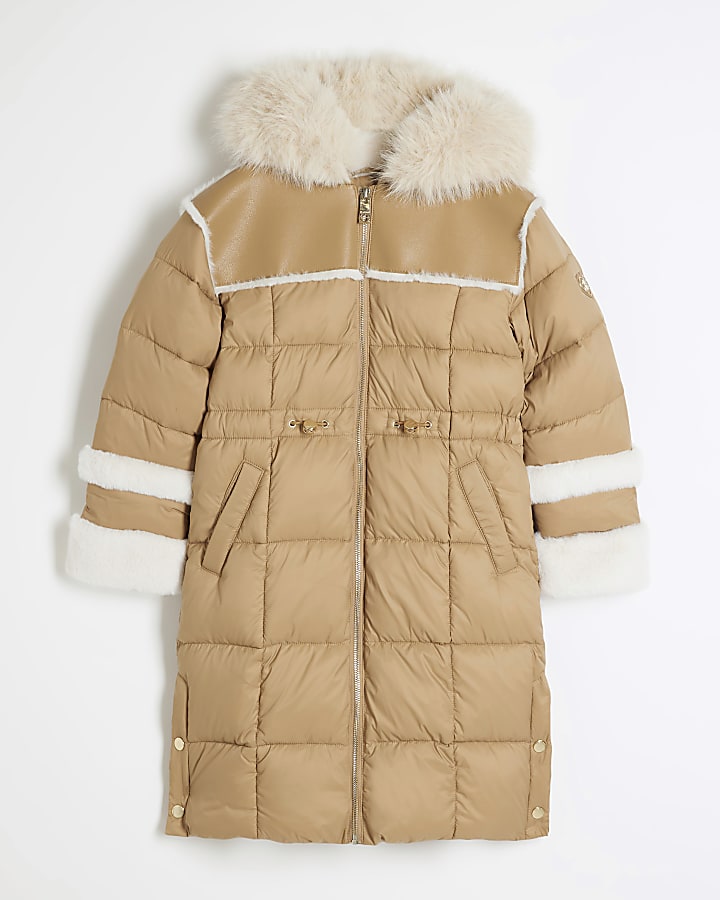 Girls Beige Faux Fur Trim Puffer Jacket