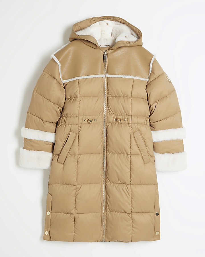 Girls Beige Faux Fur Trim Puffer Jacket