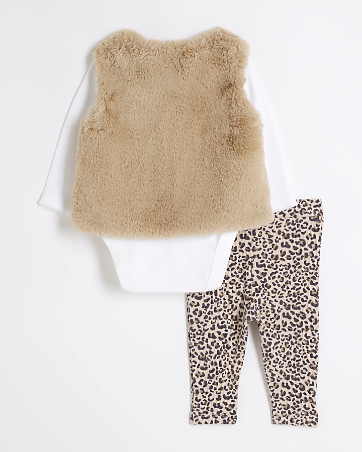 Baby girls cream faux fur gilet 3 piece set