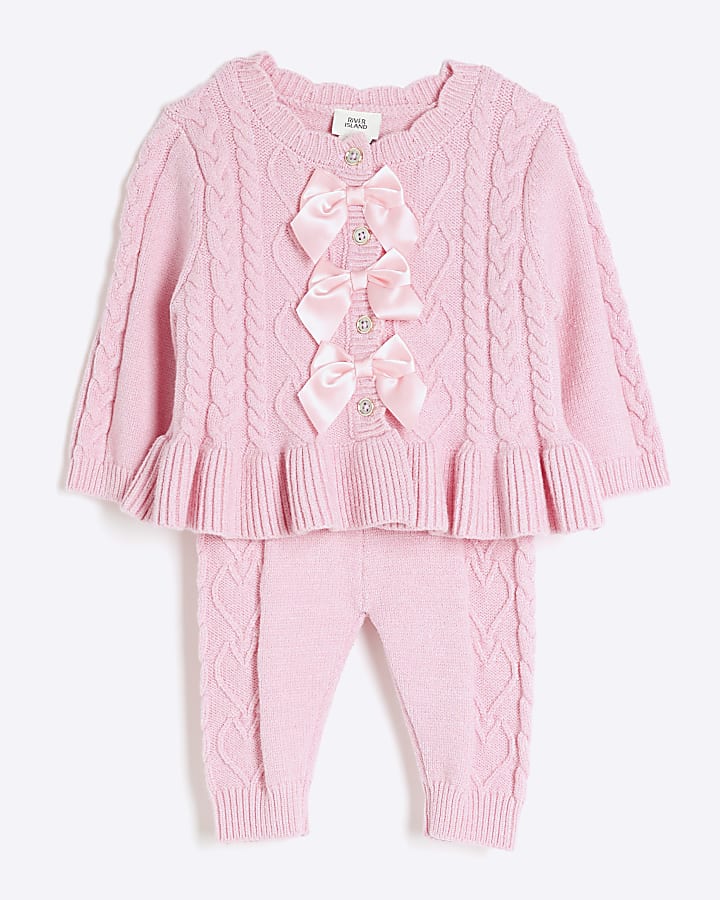 Baby girls pink cable knit bow cardigan set