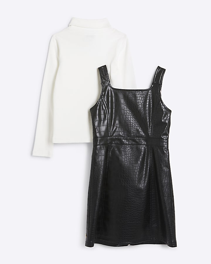 Girls black croc embossed belted dress set
