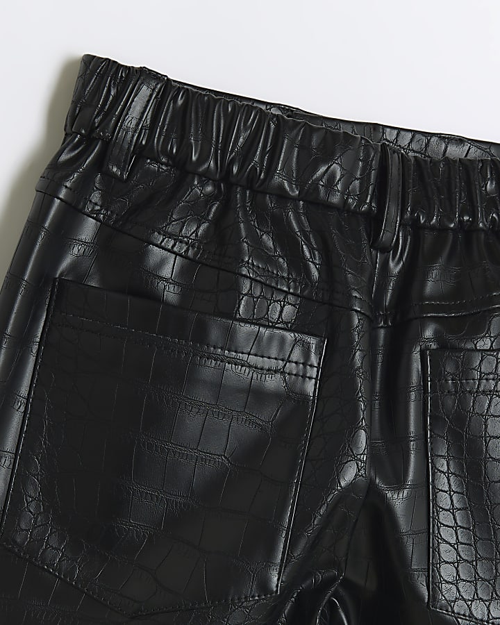 Girls black faux leather wide leg trousers